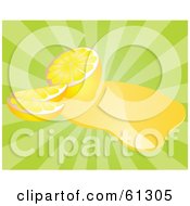 Royalty Free RF Clipart Illustration Of A Lemonade Spill With Sliced Lemon On A Bursting Green Background