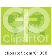Royalty Free RF Clipart Illustration Of A Transparent Christian Cross Over A Green Atlas Map Background