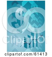 Royalty Free RF Clipart Illustration Of A 3d Dollar Symbol Over A Bar Graph On A Blue Arrow Background