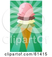 Royalty Free RF Clipart Illustration Of A Waffle Ice Cream Cone With Scoops Of Pistachio Vanilla Chocolate And Strawberry