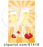 Poster, Art Print Of Two Glasses Of Champagne With Strawberries On A Bursting Orange Background