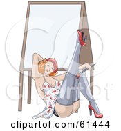 Poster, Art Print Of Sexy Red Haired Woman Leaning Back Against A Canvas On An Easel And Lifting Up One Leg
