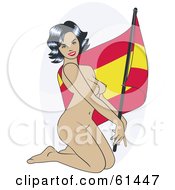 Nude Pinup Woman Kneeling And Posing With A Spain Flag