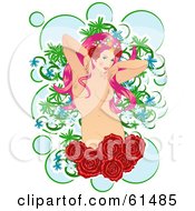 Sexy Nude Pink Haired Woman Standing Behind Roses And In Front Of Bubbles