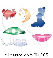 Royalty Free RF Clipart Illustration Of A Digital Collage Of Shiny Colorful Cloud Moon And Stars Stripper Eye Sperm And Lips Icons