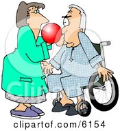 Female Nurse Giving A Male Senior Patient In A Wheelchair A Test With A Respiratory Therapy Balloon Clipart Picture