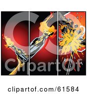Poster, Art Print Of Background Of Three Panels Of Flaming And Breaking Cocktails Over Red