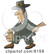 Male Pilgrim Carrying A Blunderbuss And A Grade A Frozen Turkey For Thanksgiving Dinner