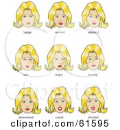 Royalty Free RF Clipart Illustration Of A Digital Collage Of A Blond Woman Shown With Different Facial Expressions