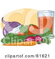 Organic Veggies By A Glass Turnip Tomatoes Celery Carrot And Radish