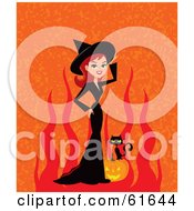 Royalty Free RF Clipart Illustration Of A Pretty Red Haired Witch Standing By A Black Cat On A Pumpkin Over A Fiery Background by Monica #COLLC61644-0132