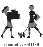 Royalty Free RF Clipart Illustration Of A Silhouetted Women Carrying A Cake And Walking A Dog by Monica