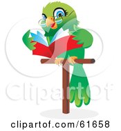 Poster, Art Print Of Green Parrot Wearing Glasses And Reading A Book While On A Perch