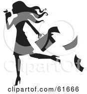 Royalty Free RF Clipart Illustration Of A Black Silhouetted Woman Dropping Papers While Snacking On An Apple by Monica