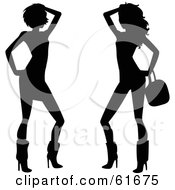 Royalty Free RF Clipart Illustration Of A Digital Collage Of Two Sexy Black Silhouetted Rocker Chicks by Monica