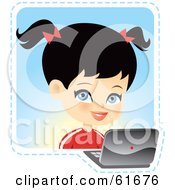 Poster, Art Print Of Blue Eyed Black Haired Girl Using A Laptop