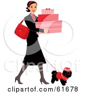 Poster, Art Print Of Young Lady Walking Her Dog While Shopping And Carrying Feminine Boxes