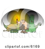 Caveman Holding A Torch In A Cave Full Of Dinosaurs