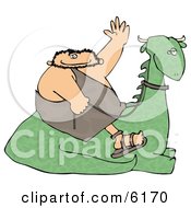 Caveman Sitting On A Resting Dinosaur Holding The Reins And Waving Clipart Picture