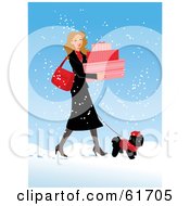 Pretty Woman Carrying Boxes And Walking Her Poodle In The Snow