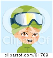 Poster, Art Print Of Little Red Haired Caucasian Boy Wearing Green Winter Clothes And Skiing Goggles