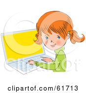 Poster, Art Print Of Cute Little Red Head Caucasian Girl Looking Back While Using A Laptop