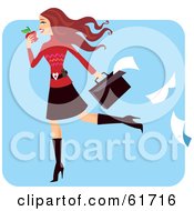 Poster, Art Print Of Late Young Businesswoman Eating An Apple And Dropping Paper Work From Her Briefcase