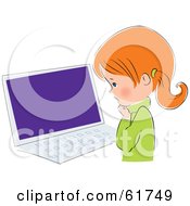 Poster, Art Print Of Cute Little Red Head Caucasian Girl Standing Before A Laptop