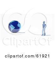 Poster, Art Print Of 3d Gray Man Standing And Looking At A Blue Globe