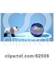 Poster, Art Print Of Giant Panda Facing A Blue 3d Globe On A Blue Background