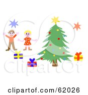 Poster, Art Print Of Two Happy Children Jumping By A Christmas Tree