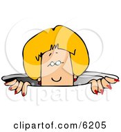 Blond Lady With Red Nails Peeking Out Of A Hole Clipart Picture