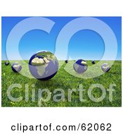 3d Grassy Meadow With Floating Globes Under A Blue Sky