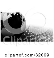 Royalty Free RF Clipart Illustration Of A Black And Gray 3d Globe On A Hexagon Tiled Gray And White Background