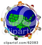 Poster, Art Print Of Circle Of Children Holding Hands Around A United States Of America Globe