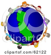 Poster, Art Print Of Circle Of Children Holding Hands Around A California Globe