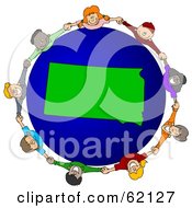 Royalty Free RF Clipart Illustration Of A Circle Of Children Holding Hands Around A South Dakota Globe