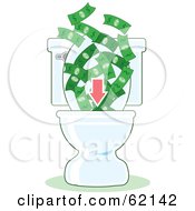 Royalty Free RF Clipart Illustration Of A Red Arrow Directing Money Down A Toilet by Maria Bell