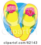 Pair Of Yellow Flip Flops With Tropical Hibiscus Flowers Over A Blue Circle