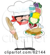 Male Chef Holding Bread And A Stack Of Food On A Tray