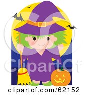 Cute Little Halloween Witch With A Pumpkin Bats Flying Above