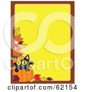 Blank Yellow Background Bordered In Brown With Autumn Leaves And A Black Cat Popping Out Of A Pumpkin
