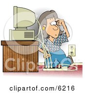 Confused Woman Trying To Hook Up Computer Power Cords On A Power Strip With The Power Strip Unplugged Clipart Picture