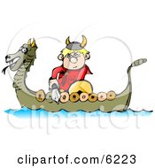 Viking Boy Traveling In A Dragon Boat While Armed With A Sword And Shield