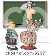 Female Teacher And Male Student Standing In Front Of A Blank Chalkboard In A Classroom Clipart Picture