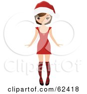 Poster, Art Print Of Stylish Brunette Christmas Woman In A Festive Dress