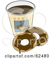 Two Chocolate Donuts By A Cup Of Coffee