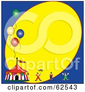 Circus Clown And Tent With Balloons On A Blue And Yellow Background
