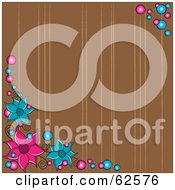Poster, Art Print Of Brown Background With Lines Bubbles And Pink And Blue Flowers