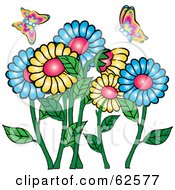 Poster, Art Print Of Colorful Spring Butterflies Over A Daisy Flower Garden